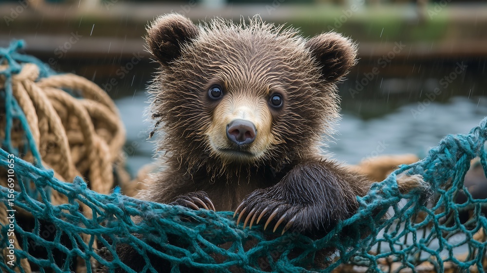 Obraz premium A cute brown bear cub curiously peeking over a fishing net near water, showcasing its playful nature.