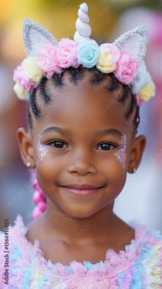 Fototapeta premium Smiling Little Girl with Unicorn Headband and Whimsical Face Paint