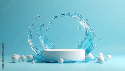A white cylindrical platform is surrounded by a blue water splash
