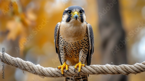 A majestic peregrine falcon perched on a rope against a backdrop of autumn leaves.