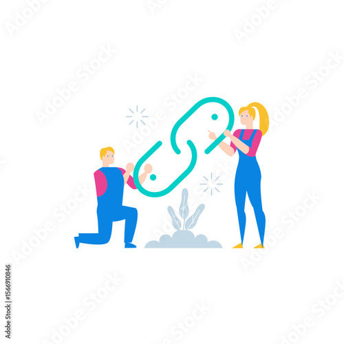 Two people building a chain link connection for teamwork and collaboration isolated on transparent background