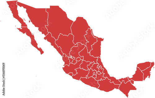 Map of mexico showing all states highlighted in red isolated on transparent background