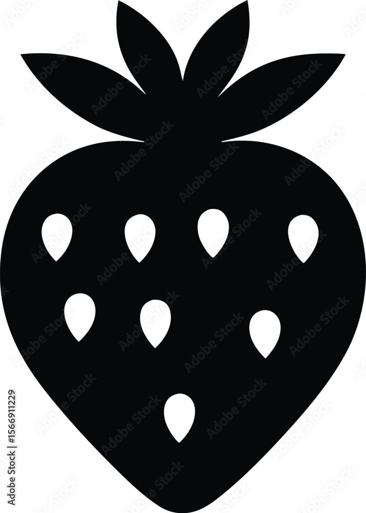 Obraz premium Strawberry fruit silhouette with leafy crown and teardrop seeds for sweet summer icon