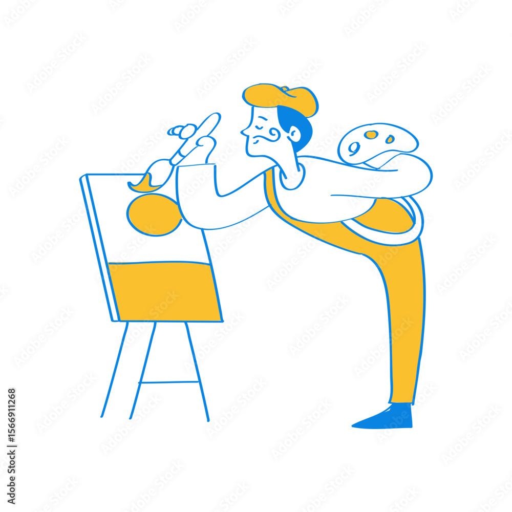 Artist painting a picture on an easel holding a palette isolated on transparent background Artist painting a picture on an easel holding a palette isolated on transparent background