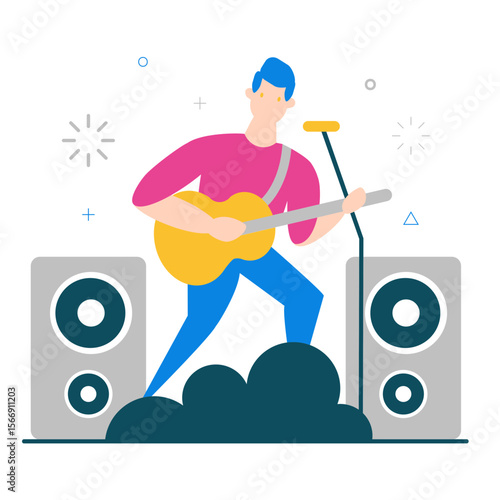 Man playing guitar on stage with speakers and microphone isolated on transparent background