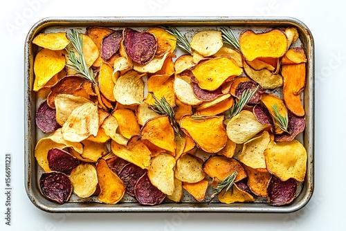 Overhead shot of colorful homemade potato chips on a baking sheet