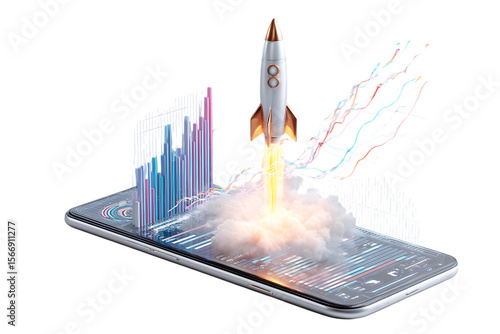 Rocket launching from a smartphone screen with graphs.  Concept of mobile app launch, business growth, and digital innovation.
