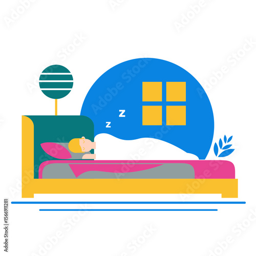 Person sleeping peacefully in bed with zzzs and window at night isolated on transparent background