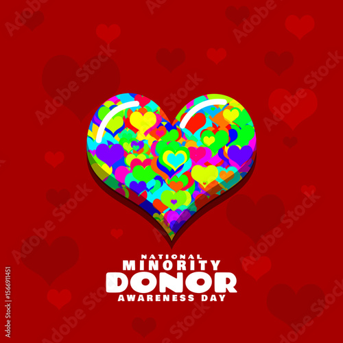 National Minority Donor Awareness Day to celebrate on August 1st. Illustration of a heart filled with small to full colored hearts on dark red background. Health event banner