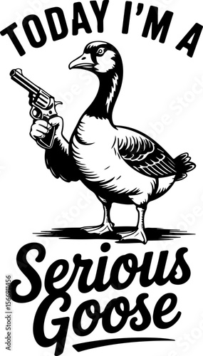 Goose holding handgun with serious text illustration