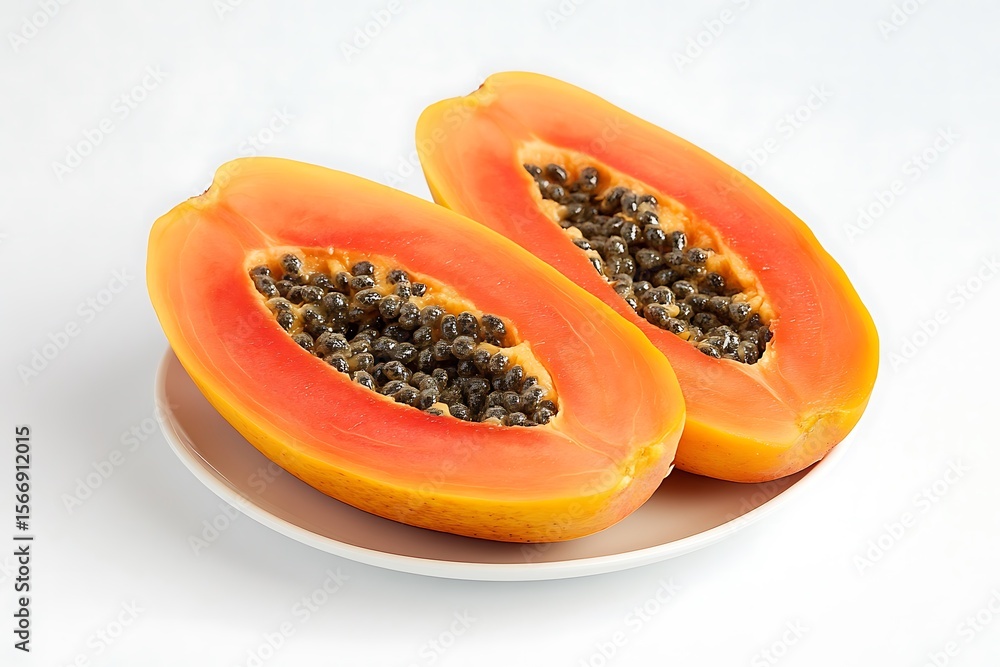 Two ripe papaya halves on a plate, against a crisp white background Two ripe papaya halves on a plate, against a crisp white background