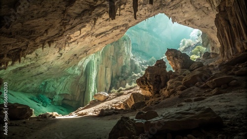 Serene Cave Entrance: Sunlit Rocks, Stalactites, Mystical Atmosphere,  Natural Light,  Dramatic Landscape.