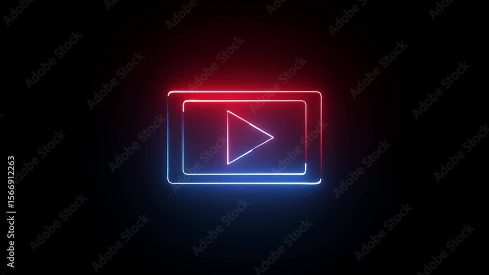 Glowing neon play button icon animation. video audio music play button animated on black background Glowing neon play button icon animation. video audio music play button animated on black background