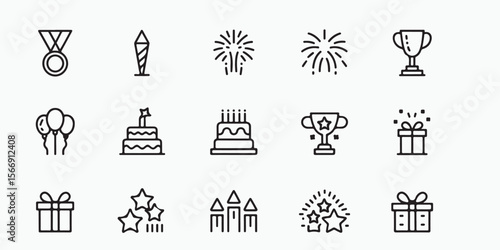 Collection of celebratory icons including awards fireworks cakes and presents in black and white