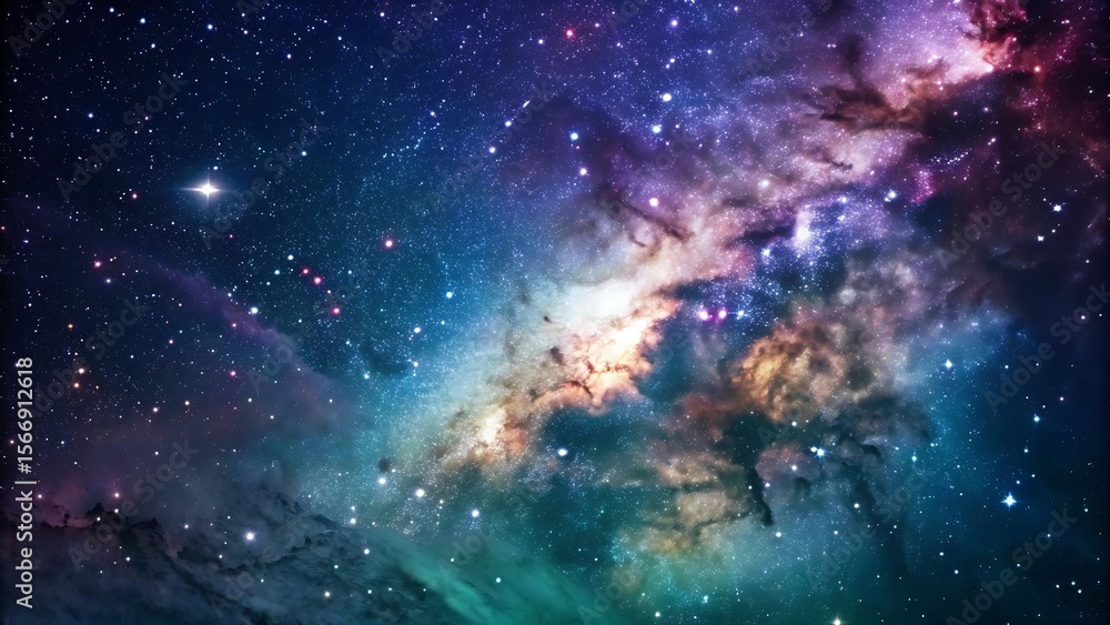 Obraz premium Cosmic Nebula: Vibrant Hues of Purple, Teal, and Gold in a Starry Night Sky