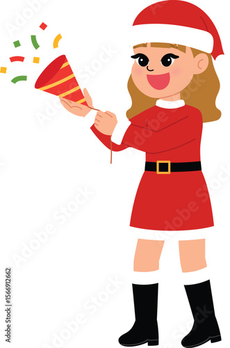 happy kid character hold celebrate christmas party, smile girl cartoon wear santa claus costume play party popper with festive confetti illustration