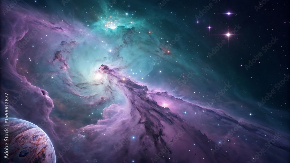 Obraz premium Celestial Nebula: Purple and Teal Cosmic Landscape with Glowing Planet and Stars.