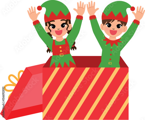 happy children character jump out from  giant christmas gift box, smile girl and boy cartoon wear elf costume surprise in joy illustration 