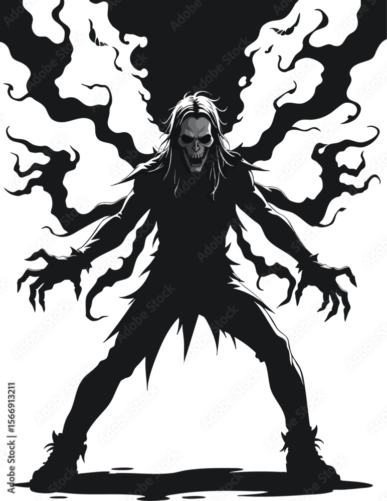 Fototapeta premium a black and white illustration of an angel with wings on it ' s back