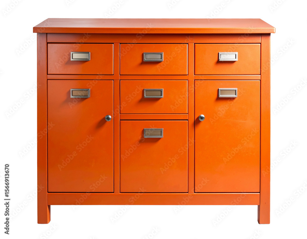 Industrial Orange Cabinet with Three Labeled Drawers and Matte Finish, isolated on a transparent background Industrial Orange Cabinet with Three Labeled Drawers and Matte Finish, isolated on a transparent background