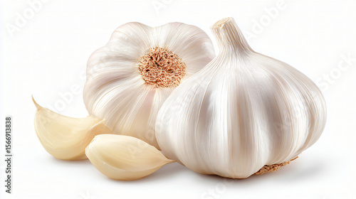 Single garlic bulb with peeled cloves on white background