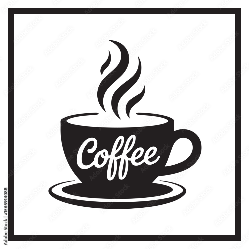 Obraz premium A steaming cup of coffee with the word coffee isolated on white background
