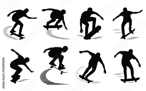 Skateboard Trick Silhouette Set – Dynamic Rider Poses in Action Motion Style