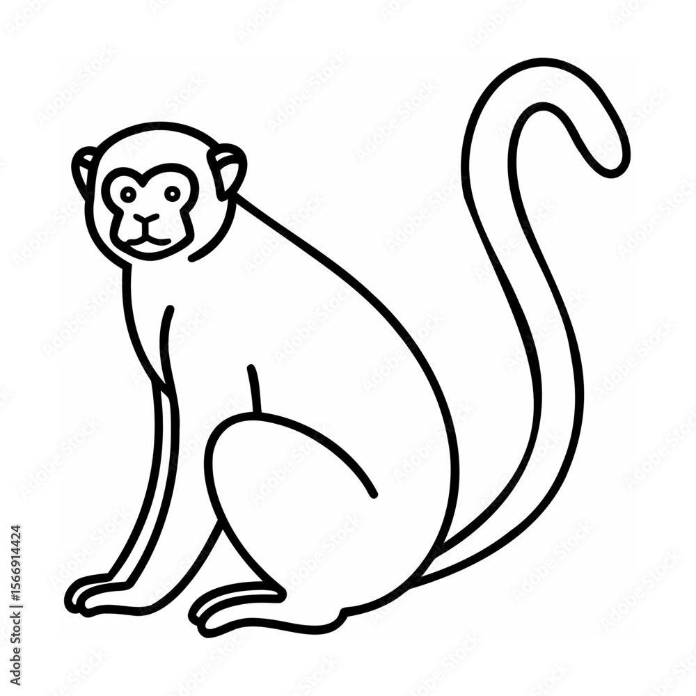 Obraz premium Black and White Monkey Illustration Sitting with Curled Tail