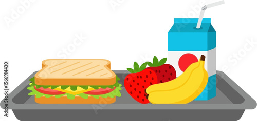 School lunch tray with sandwich, fruit, and juice box vector illustration