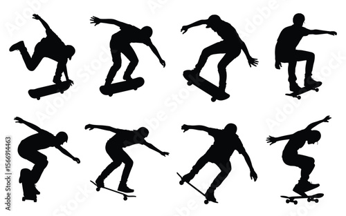 Skateboard Trick Silhouette Set – Dynamic Rider Poses in Action Motion Style