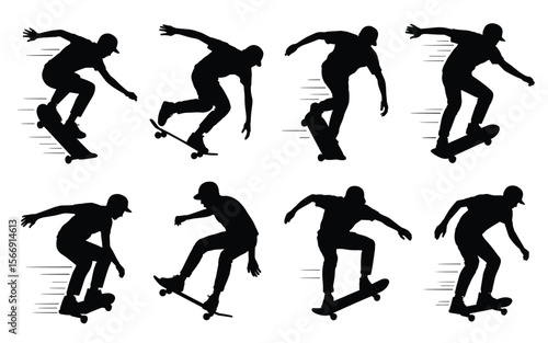 Skateboard Trick Silhouette Set – Dynamic Rider Poses in Action Motion Style