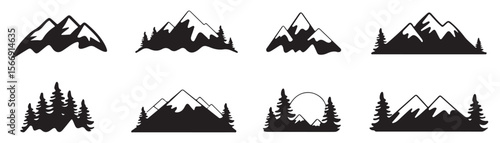 Black mountain silhouette, diverse peak shapes, scalable vectors. Ideal for logos, icons, adventure graphics, digital design, print. Versatile, aesthetic, unique
