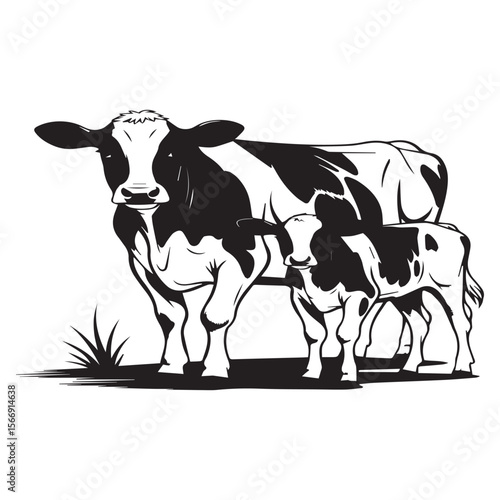 A cow and calf stand together isolated on white background