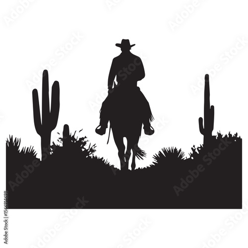 A cowboy rides a horse through the desert, isolated on white background