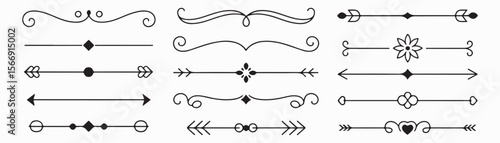 ornamental text divider, elegant border design elements, perfect for web, page decoration, invitations, cards. Vintage style, monochromatic, vector set. Unique, intricate swirls, curls, shapes