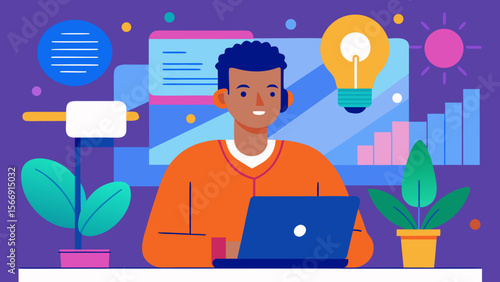 Man working on laptop with creative ideas and digital charts in colorful workspace