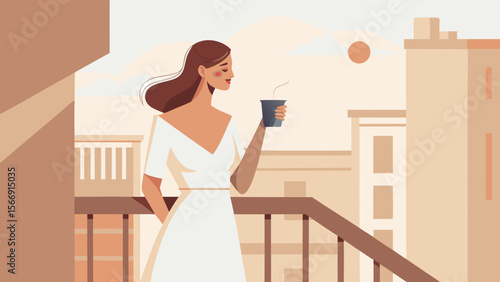 Elegant woman in white dress enjoying a hot drink on a balcony during sunrise