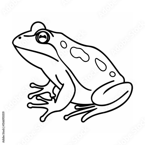 Black and white line art illustration of a frog on white background