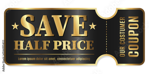 Discount coupon half price, gold letters on black background with stars.