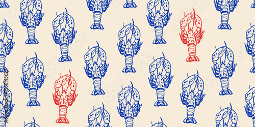 Blue and red lobster seamless pattern. Sea, ocean, marine, summer beach repeat background. Tropical wallpaper, wrap paper, retro fabric, textile design. Hand drawn vector illustration.