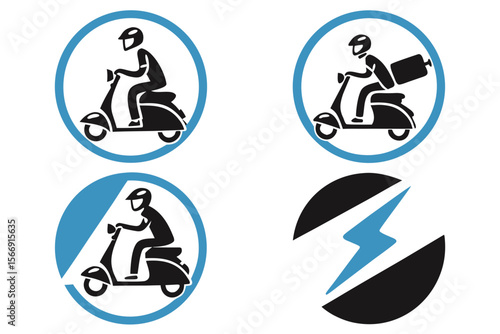 Set of 4 icons for electric scooters. White background. Gradient shape style, add blue and black as the main colors.