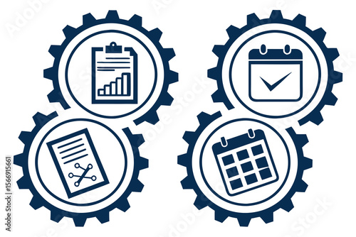 Set of 4 icons for office productivity tools. White background. Gradient shape style, add blue and black as the main colors.