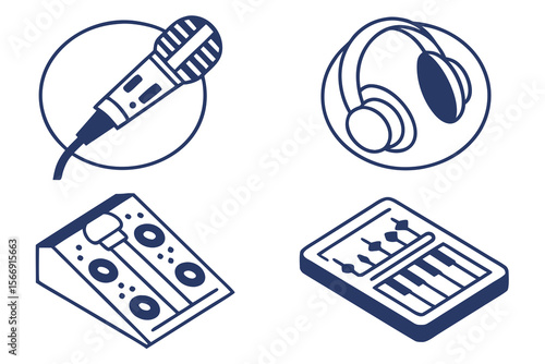 Set of 4 icons for podcasting equipment. White background. Gradient shape style, add blue and black as the main colors.