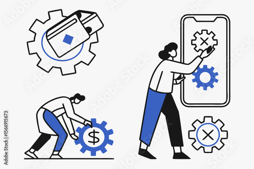 Set of 4 icons for mobile app development. White background. Gradient shape style, add blue and black as the main colors.