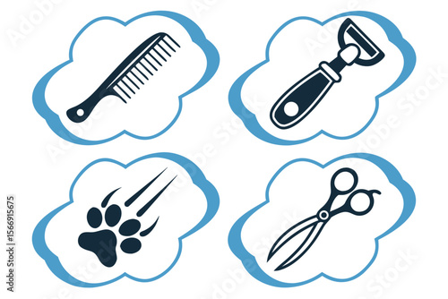 Set of 4 icons for pet grooming tools. White background. Gradient shape style, add blue and black as the main colors.