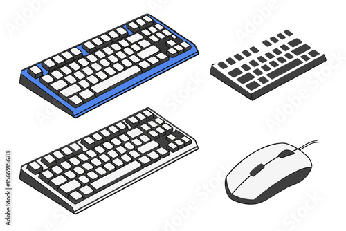 Set of 4 icons for gaming keyboards. White background. Gradient shape style, add blue and black as the main colors.