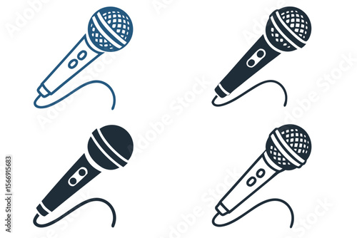 Set of 4 icons for professional microphones. White background. Gradient shape style, add blue and black as the main colors.