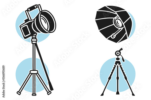Set of 4 icons for photography lighting kits. White background. Gradient shape style, add blue and black as the main colors.