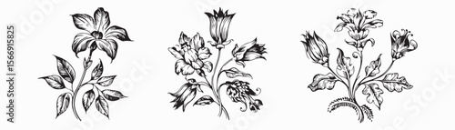 Black flower vector set feature abstract floral design silhouettes, and geometric patterns. Ideal for decoration, logos, and design projects. Includes minimalist botanical elements for creative illust