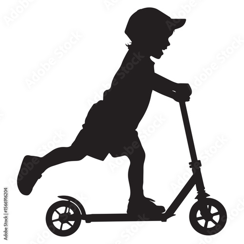 Silhouette of a boy riding a scooter isolated on white background